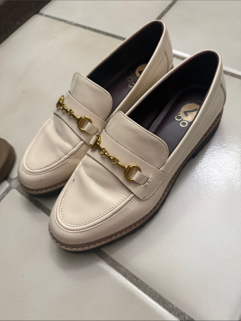 Franco Sarto Cream Leather Loafers with Gold Horsebit